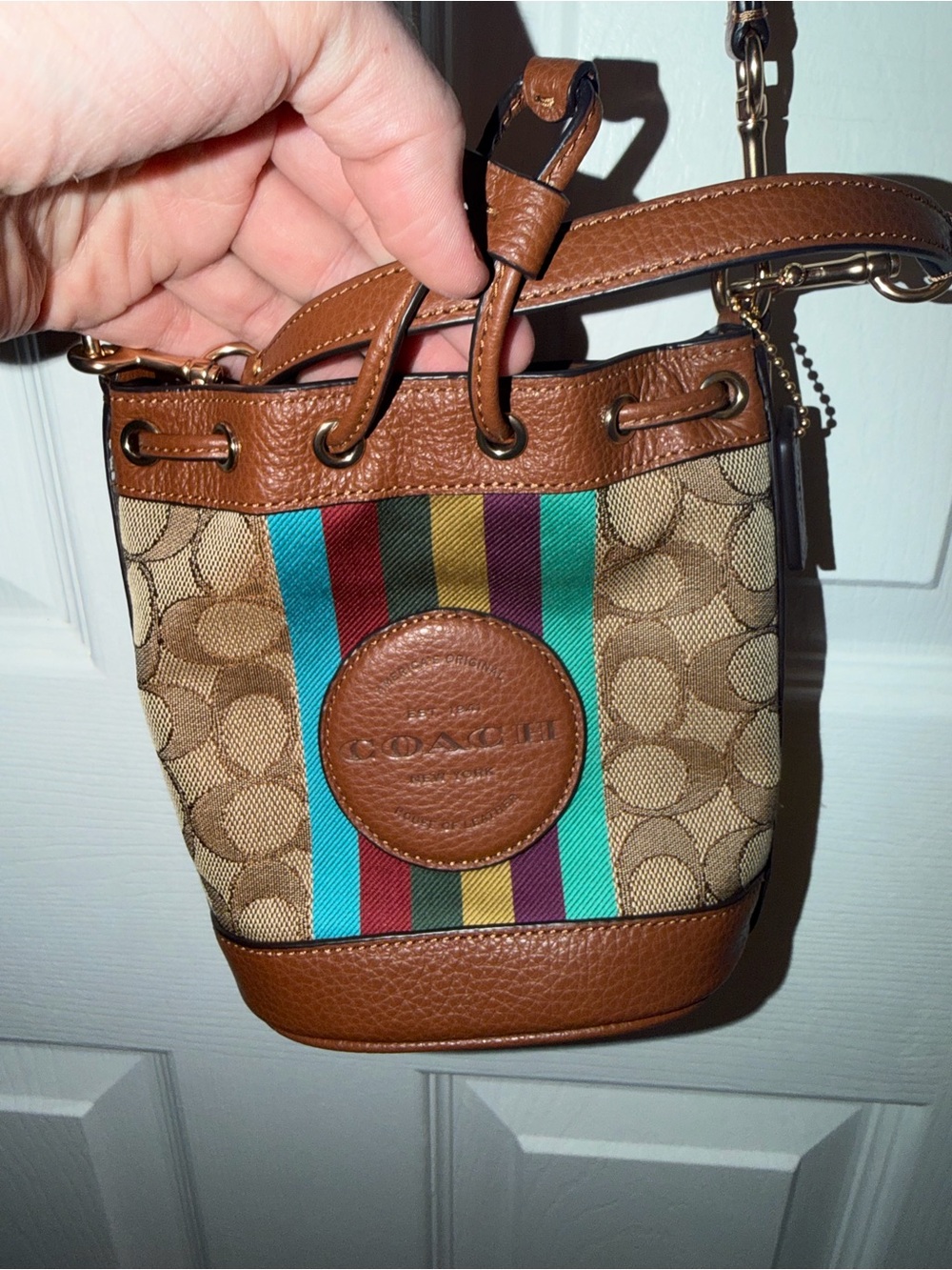 Coach Brown Signature Mini Bucket Bag with Multicolor Stripe